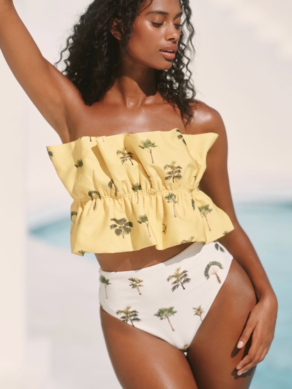 Yellow Palm-Print Strapless Swim Set Women